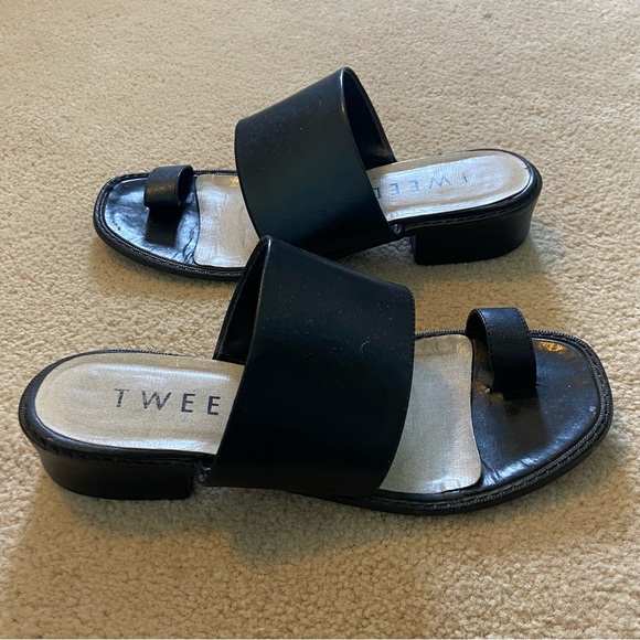 Vintage 90’s Tweeds Black Leather Toe Ring Slide - Picture 3 of 6